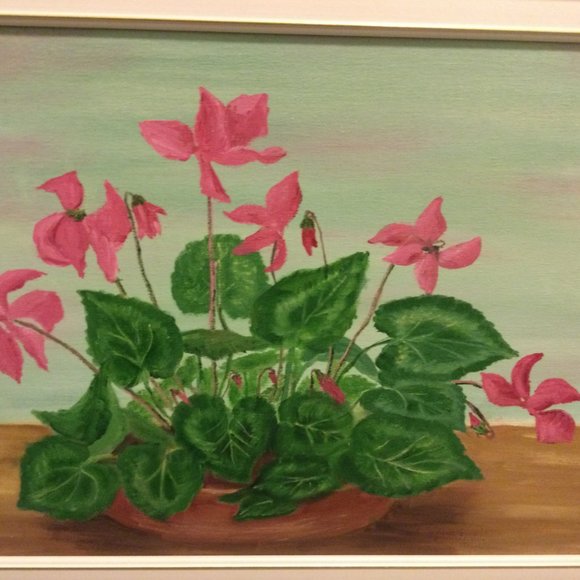 Art painting pink Cyclamen flowers wooden frame very good condition 22" x 18" - Picture 5 of 6